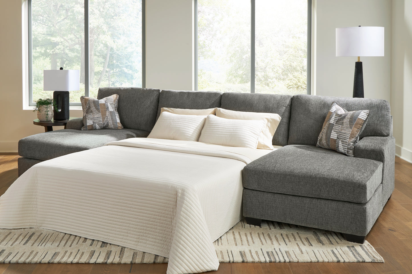 Haines Furniture Outlet - Ashley Furniture - Revenna Sectional - RAF 3-Piece Sleeper Sectional with Double Chaise / Greystone - PC48405S7