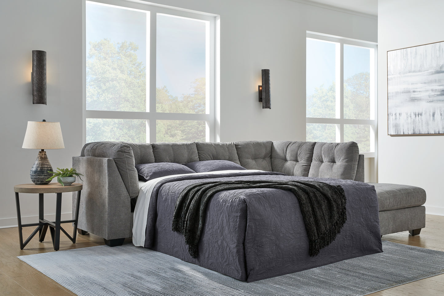 Haines Furniture Outlet - Ashley Furniture - Marleton Sectional - 2-Piece Sleeper Sectional with Chaise / Gray - 55305S4