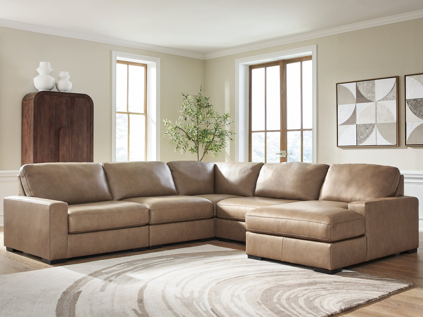 Haines Furniture Outlet - Ashley Furniture - Veronella Sectional - RAF 5-Piece Sectional with Chaise / Sahara - 76106S13