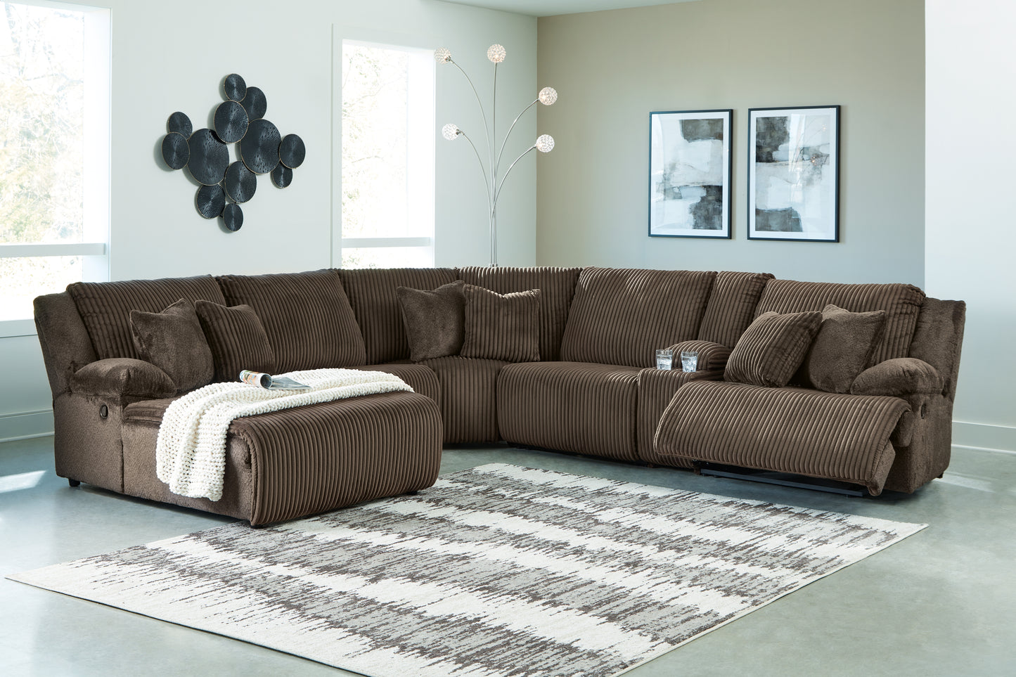 Haines Furniture Outlet - Ashley Furniture - Top Tier Sectional - 6-Piece Reclining Sectional with Chaise / Chocolate - 92705S2
