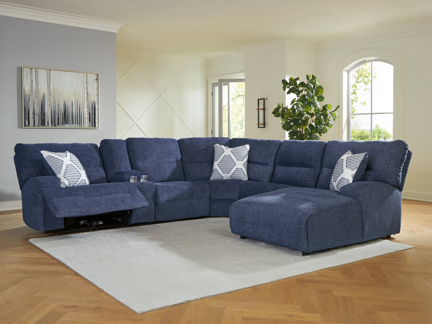 Haines Furniture Outlet - Ashley Furniture - Acklen Place Sectional - 6-Piece Power Reclining Sectional with Chaise / Navy - 93607S1