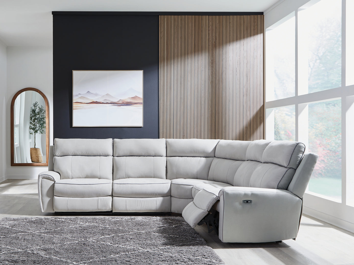 Haines Furniture Outlet - Ashley Furniture - Social Pointe Sectional - 5-Piece Power Reclining Sectional / Pearl/Ash - PC98802S8