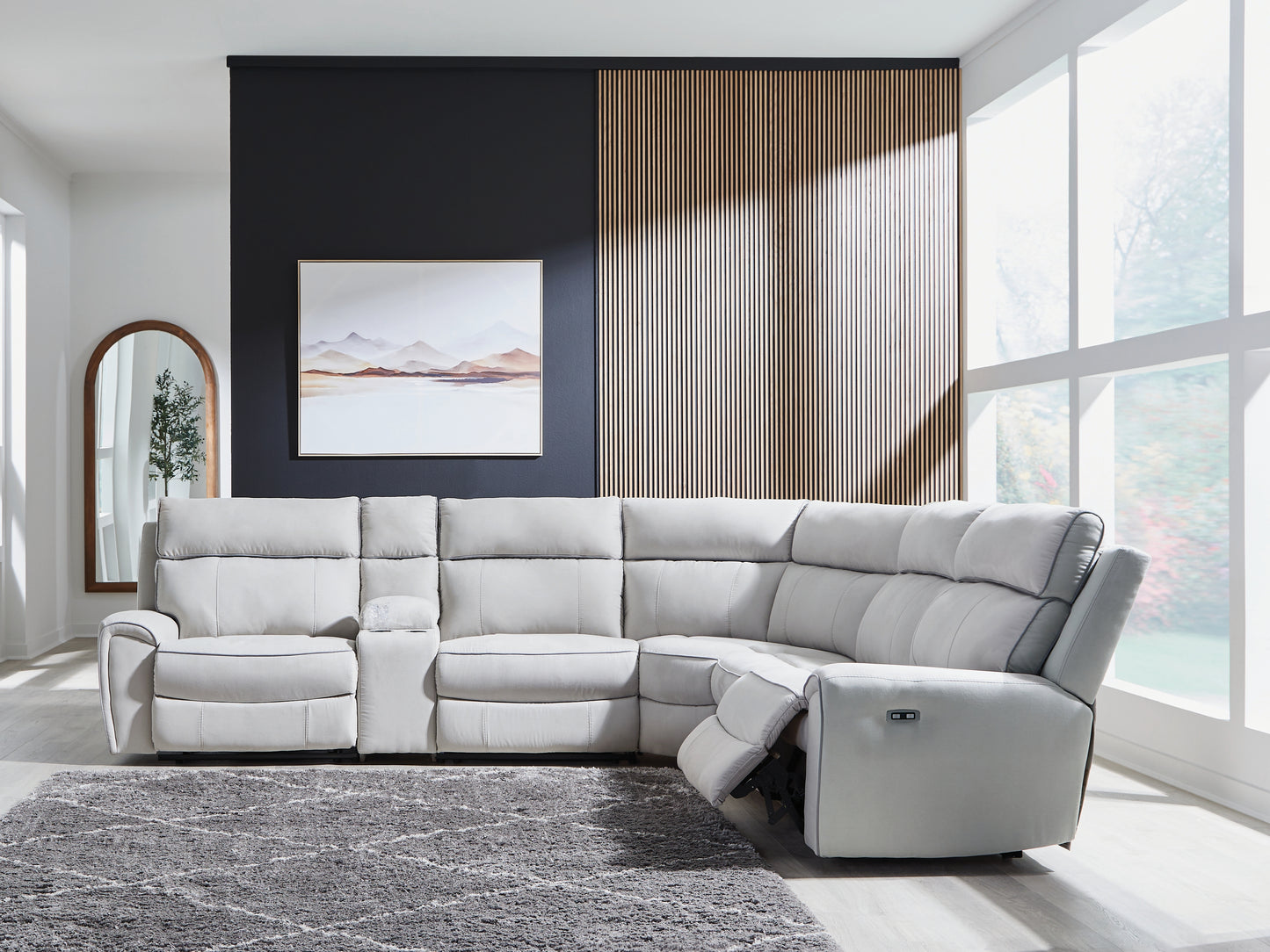 Haines Furniture Outlet - Ashley Furniture - Social Pointe Sectional - 6-Piece Reclining Sectional with Storage Console / Pearl/Ash - PC98802S36