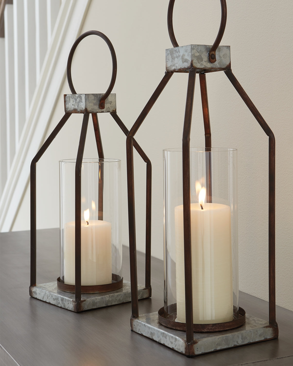 Haines Furniture Outlet - Ashley Furniture - Diedrick Candle Holder - Lantern Set (Set of 2) / Gray/Black - A2000346