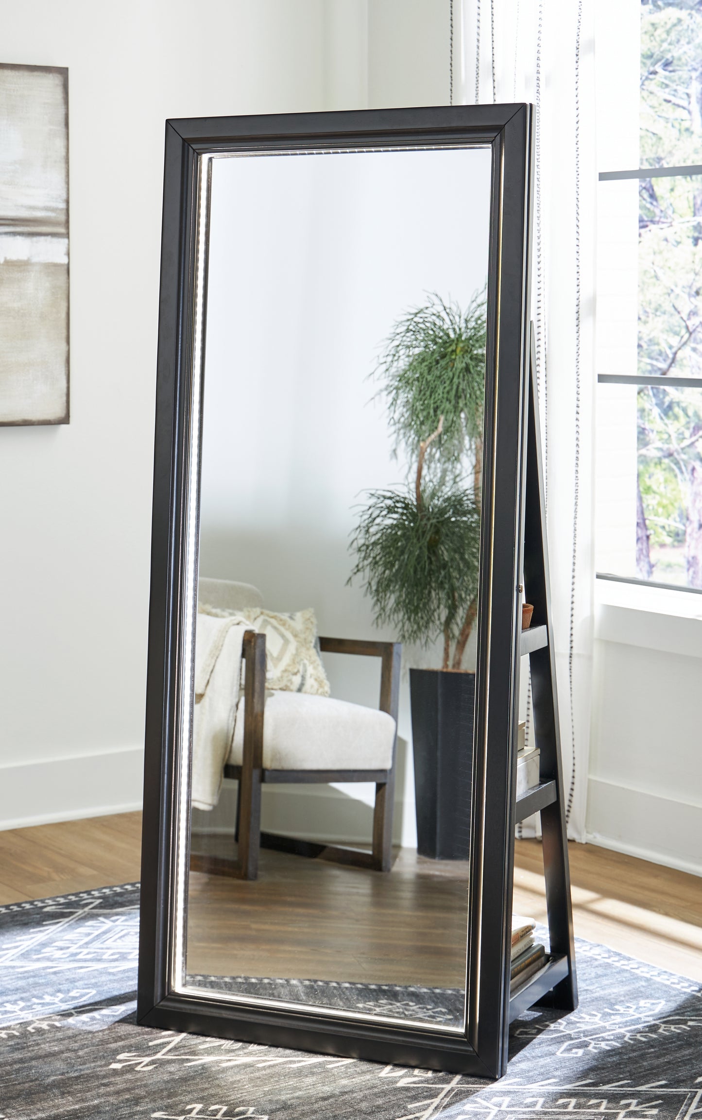 Haines Furniture Outlet - Ashley Furniture - Evesen Mirror - Floor Standing Mirror/Storage / Black - A8010384
