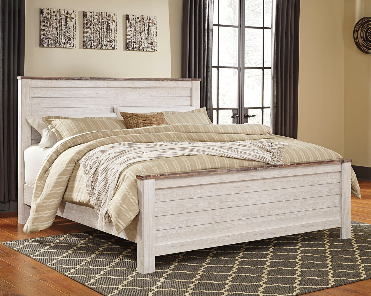 Haines Furniture Outlet - Ashley Furniture - Willowton Bedroom - California King Panel Bed / Whitewash - B267B28