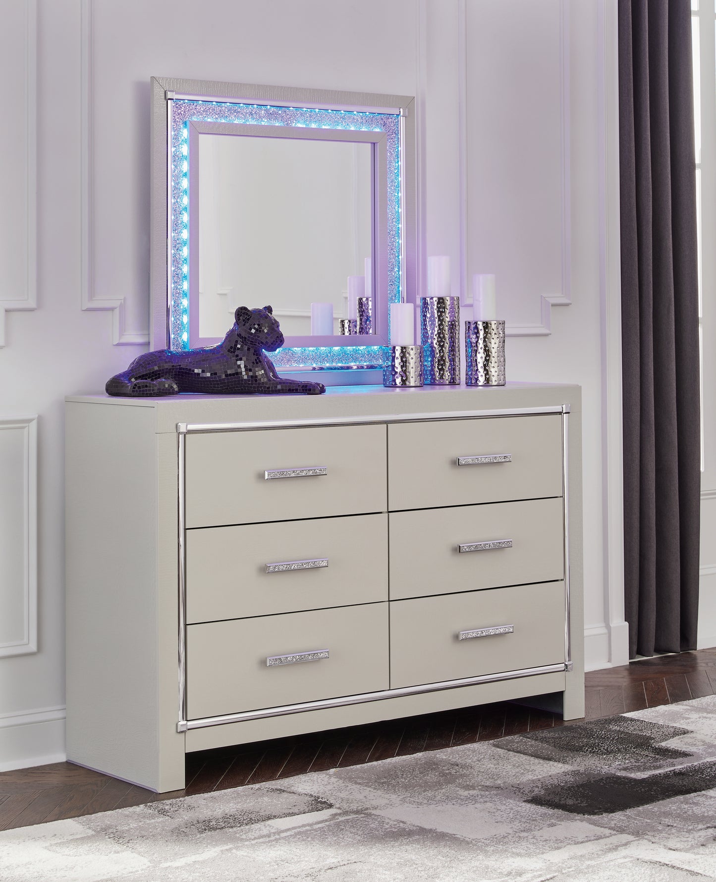 Haines Furniture Outlet - Ashley Furniture - Zyniden Bedroom - Dresser and Mirror / Silver - B2114B1