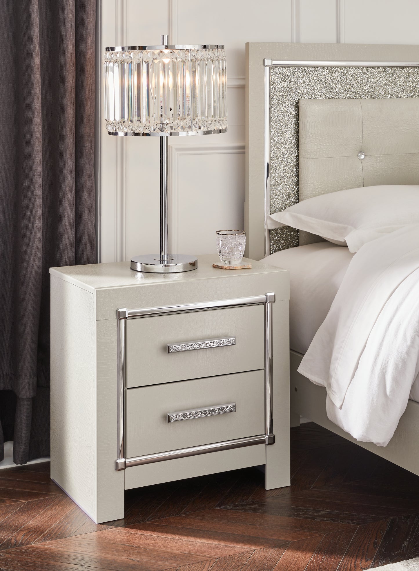 Haines Furniture Outlet - Ashley Furniture - Zyniden Bedroom - Two Drawer Night Stand / Silver - B2114-92
