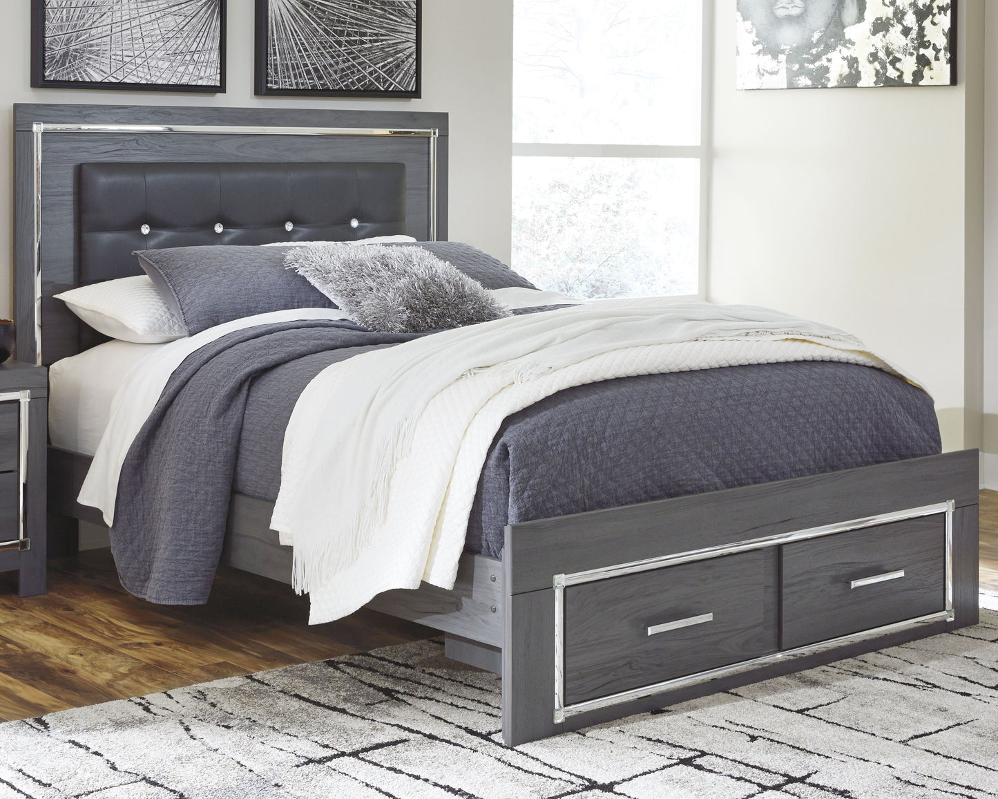 Haines Furniture Outlet - Ashley Furniture - Lodanna Bedroom - Queen Panel Bed with 2 Storage Drawers / Gray - B214B3