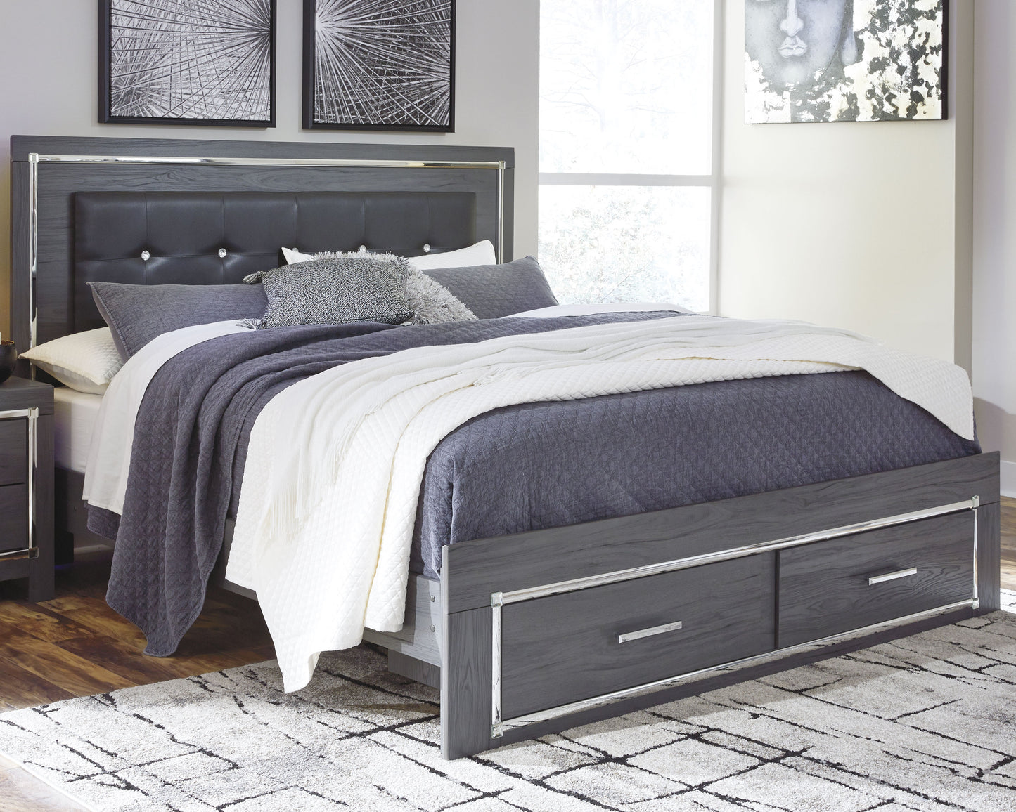 Haines Furniture Outlet - Ashley Furniture - Lodanna Bedroom - King Panel Bed with 2 Storage Drawers / Gray - B214B11