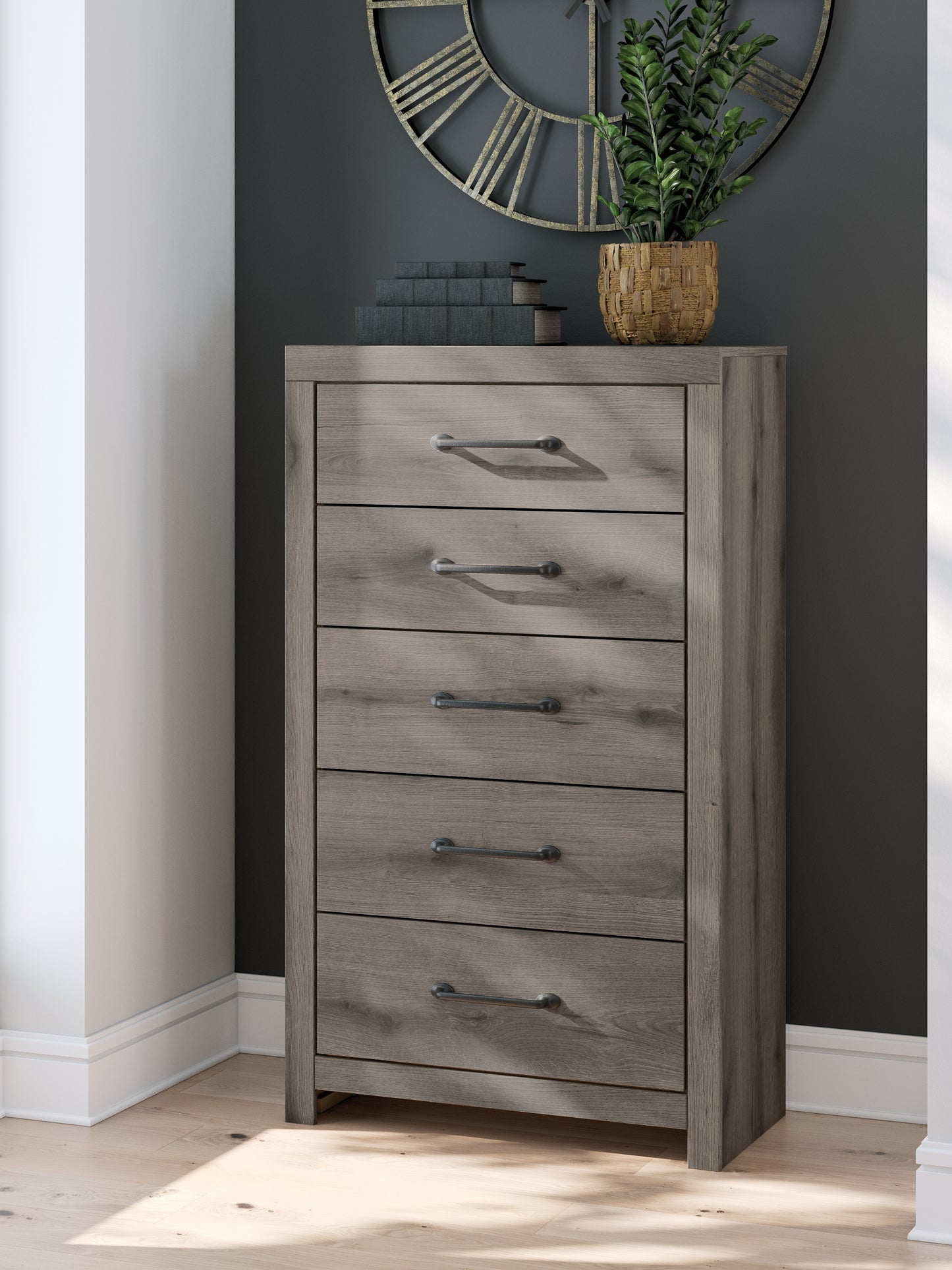 Haines Furniture Outlet - Ashley Furniture - Graystorm Bedroom - Five Drawer Chest / Brown Gray - PCB2405-46