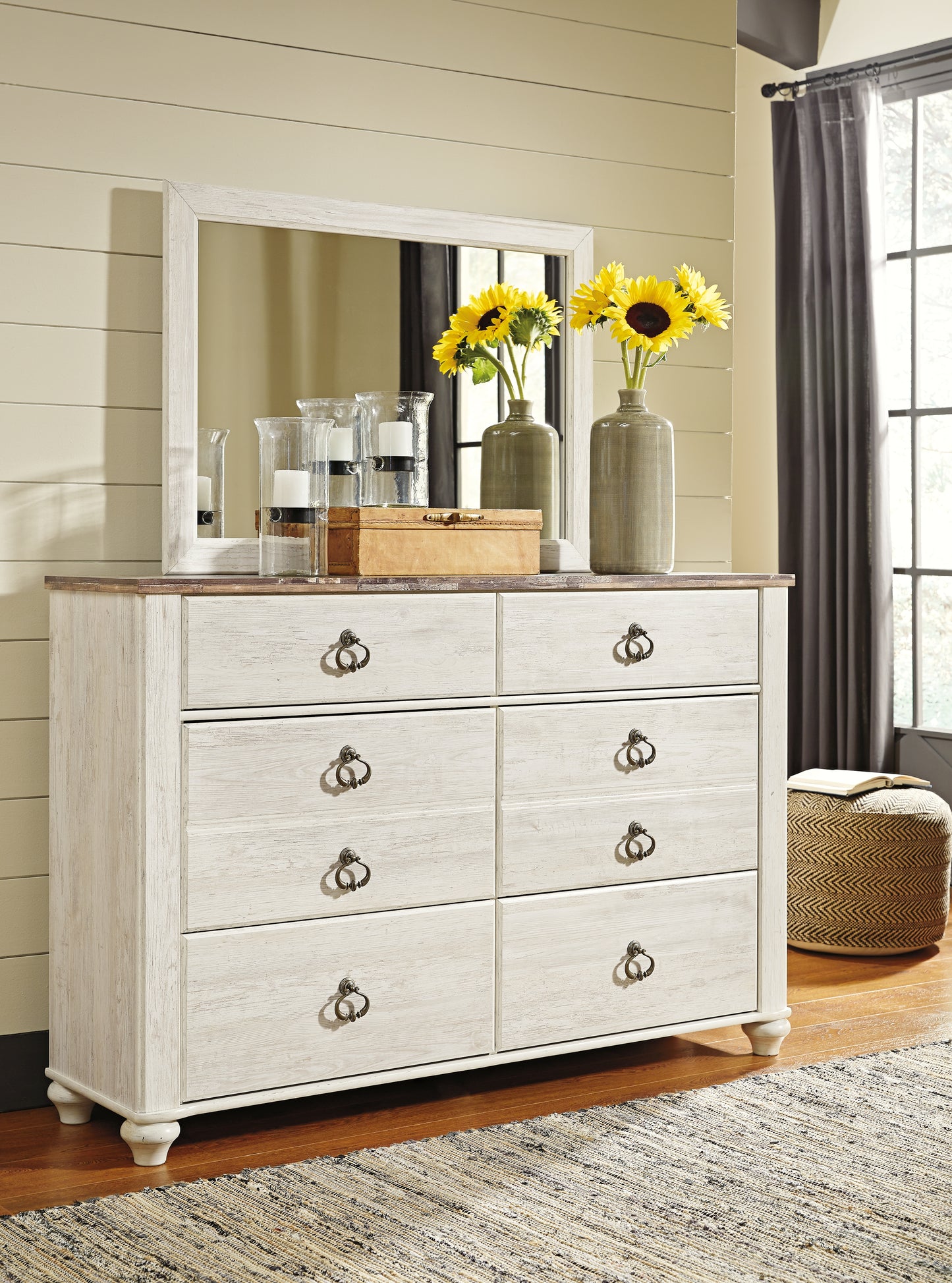 Haines Furniture Outlet - Ashley Furniture - Willowton Bedroom - Dresser and Mirror / Whitewash - B267B1