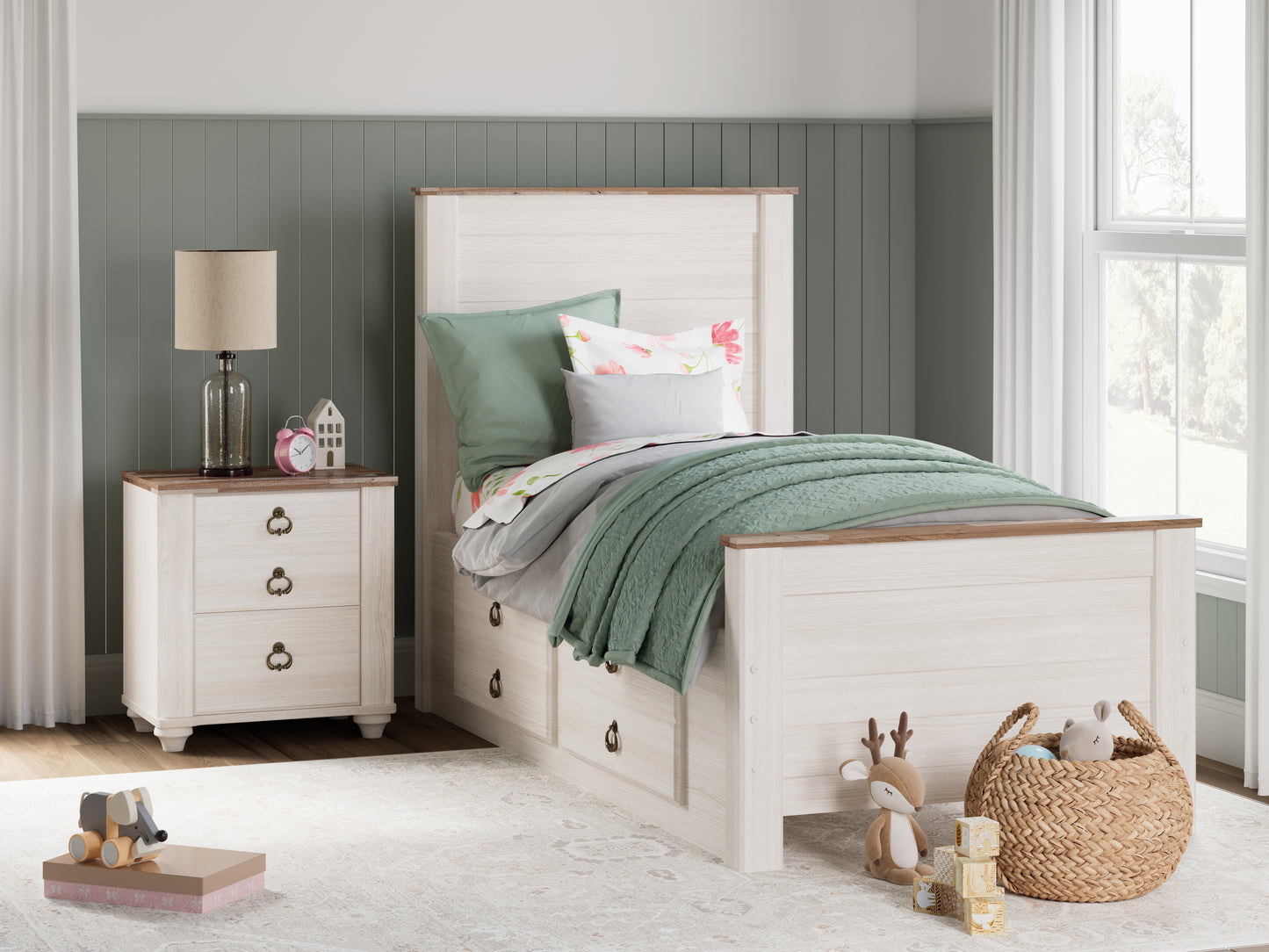 Haines Furniture Outlet - Ashley Furniture - Willowton Bedroom - Twin Panel Bed with 2 Storage Drawers / Whitewash - B267B21