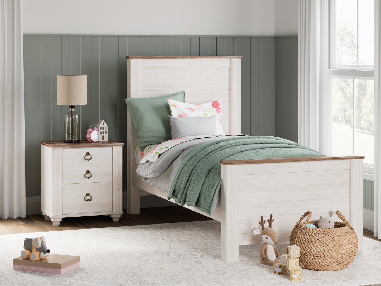 Haines Furniture Outlet - Ashley Furniture - Willowton Bedroom - Twin Panel Bed / Whitewash - B267B15
