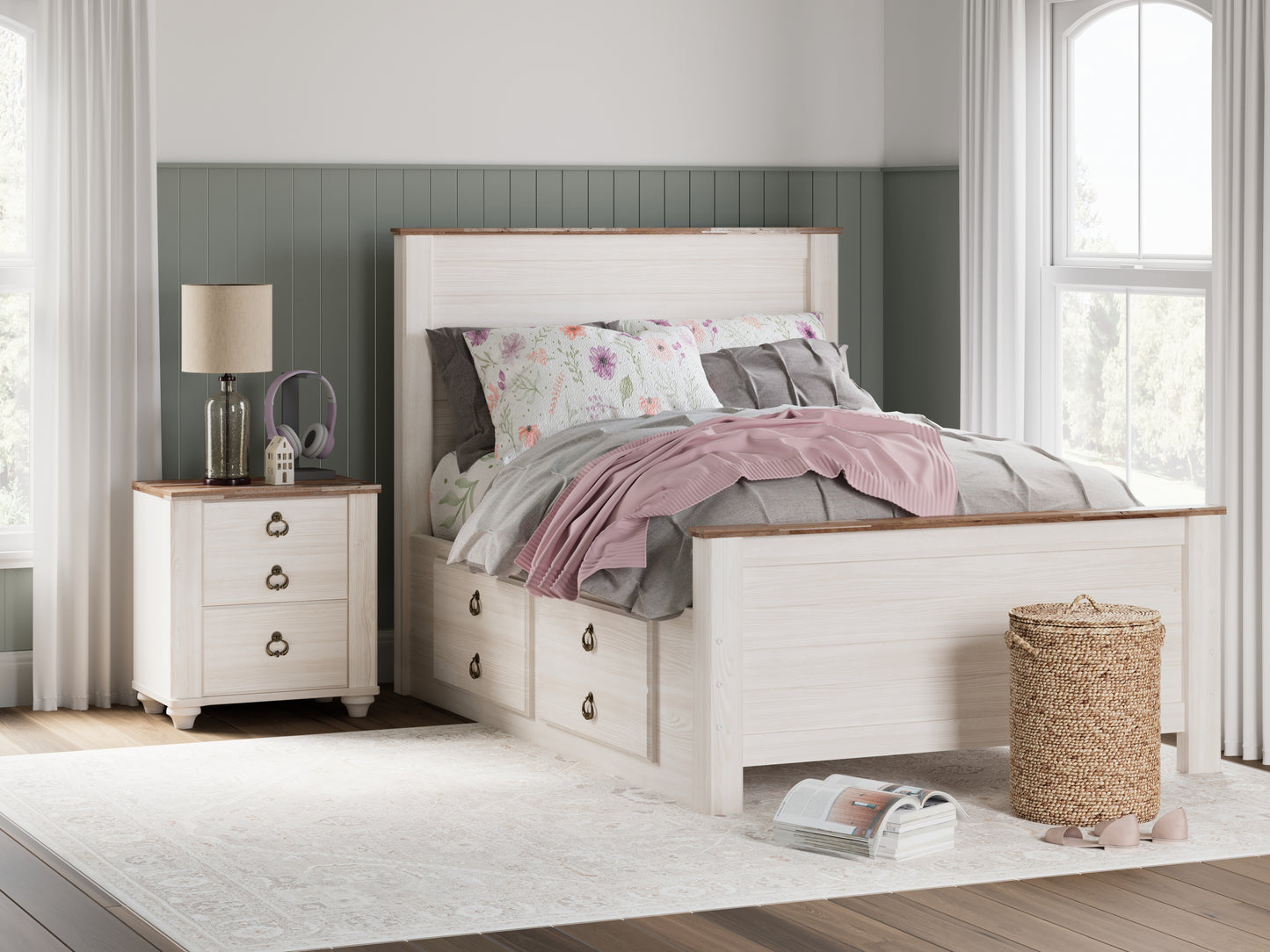 Haines Furniture Outlet - Ashley Furniture - Willowton Bedroom - Full Panel Bed with 2 Storage Drawers / Whitewash - B267B22