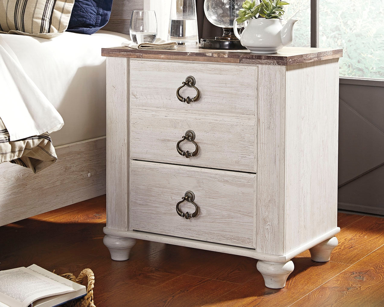 Haines Furniture Outlet - Ashley Furniture - Willowton Bedroom - Two Drawer Night Stand / Whitewash - B267-92