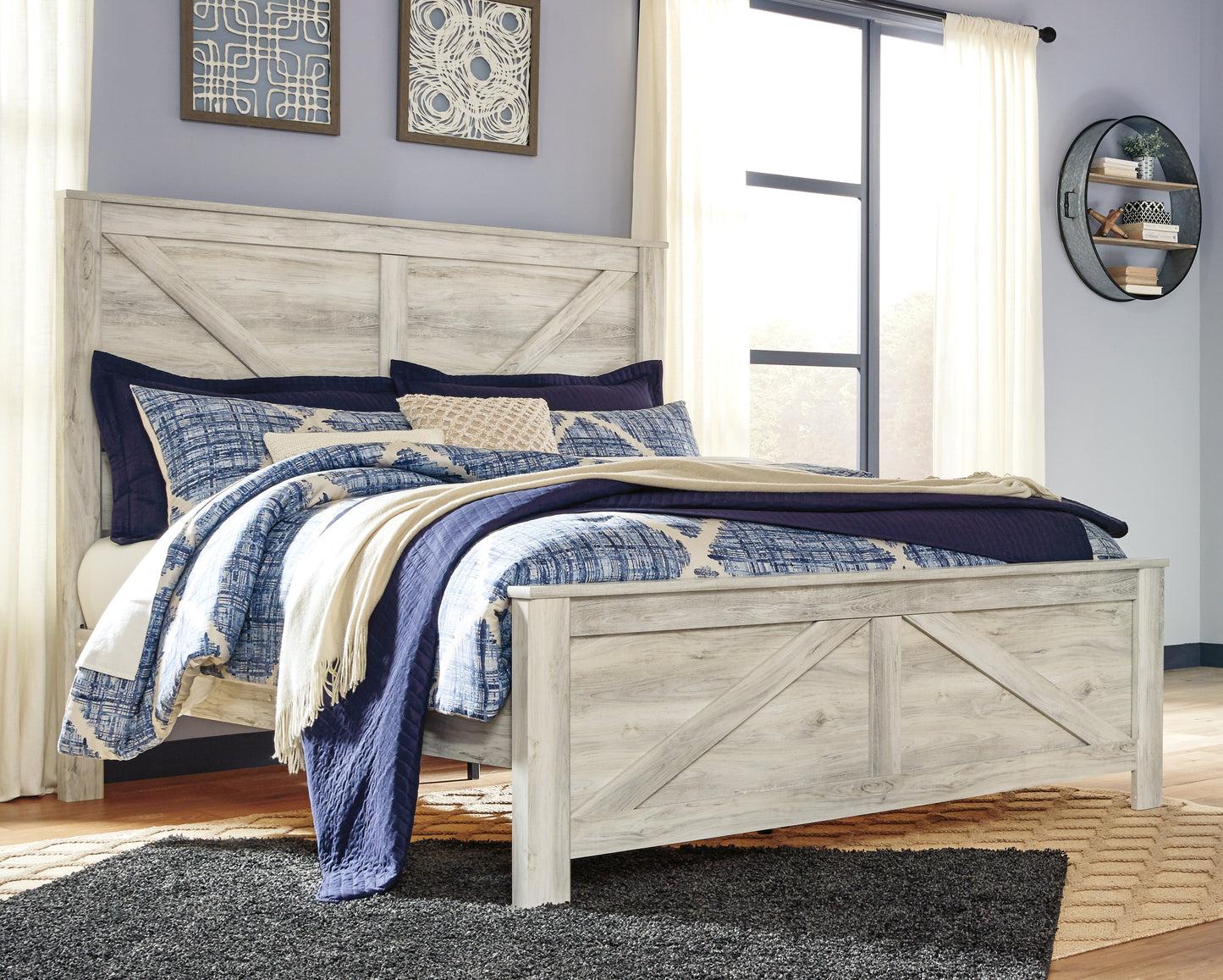 Haines Furniture Outlet - Ashley Furniture - Bellaby Bedroom - King Crossbuck Panel Bed / Whitewash - B331B10