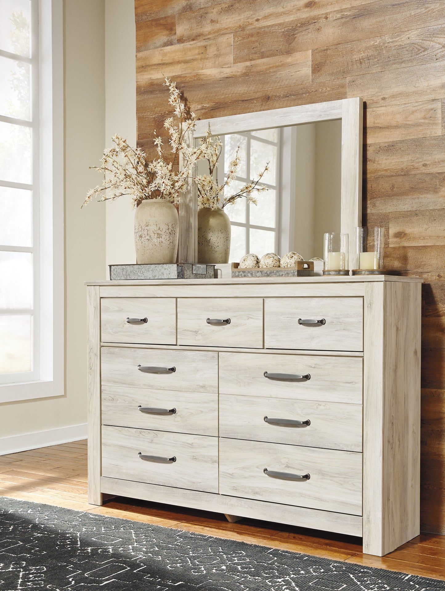 Haines Furniture Outlet - Ashley Furniture - Bellaby Bedroom - Dresser and Mirror / Whitewash - B331B1