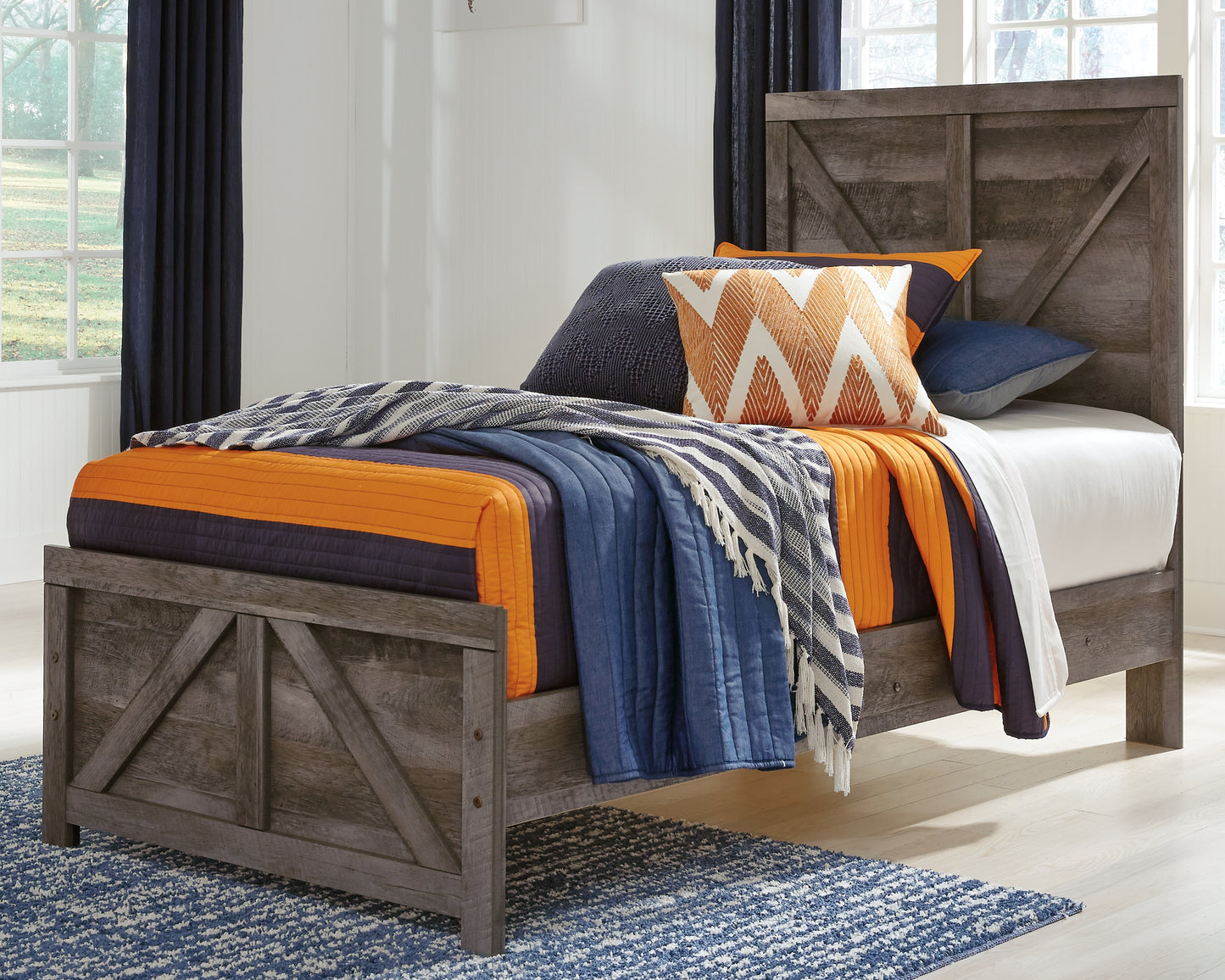 Haines Furniture Outlet - Ashley Furniture - Wynnlow Bedroom - Twin Crossbuck Panel Bed / Gray - B440B16