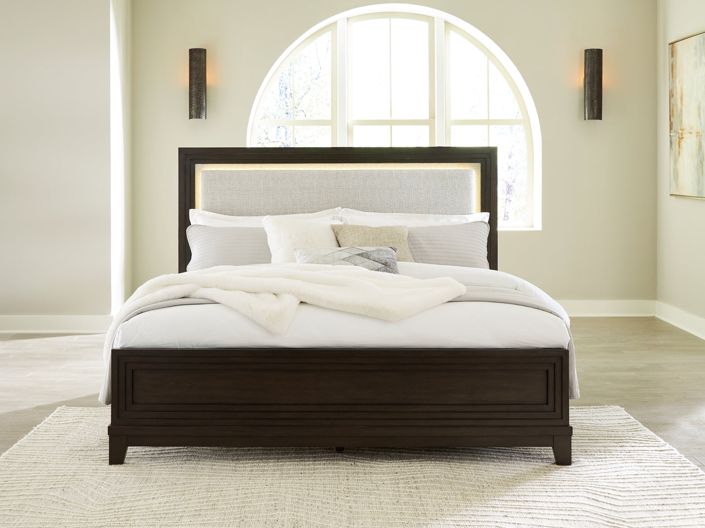 Haines Furniture Outlet - Ashley Furniture - Neymorton Bedroom - King Upholstered Panel Bed / Dark Grayish Brown - B618B4