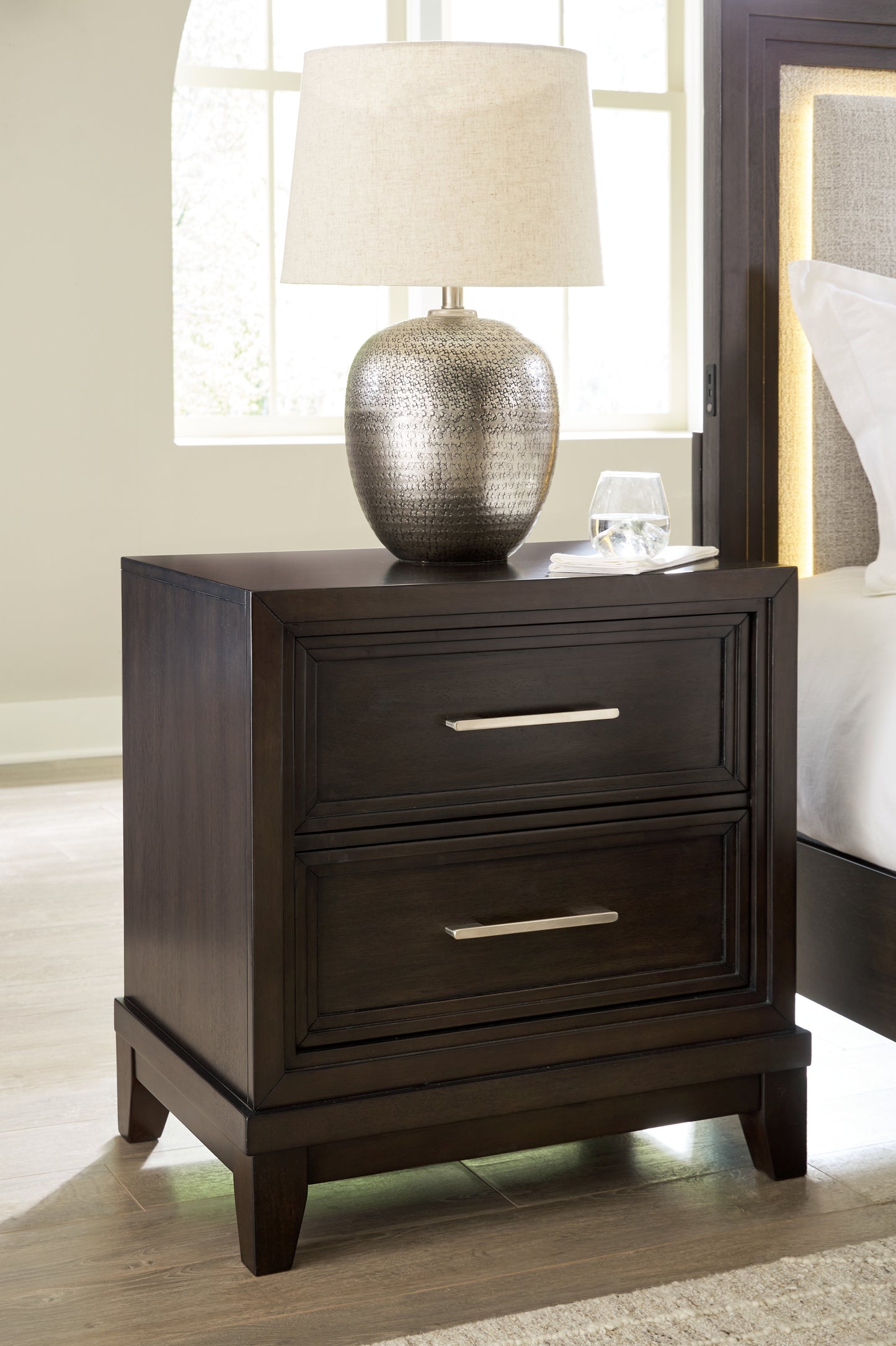 Haines Furniture Outlet - Ashley Furniture - Neymorton Bedroom - Two Drawer Night Stand / Dark Grayish Brown - B618-92