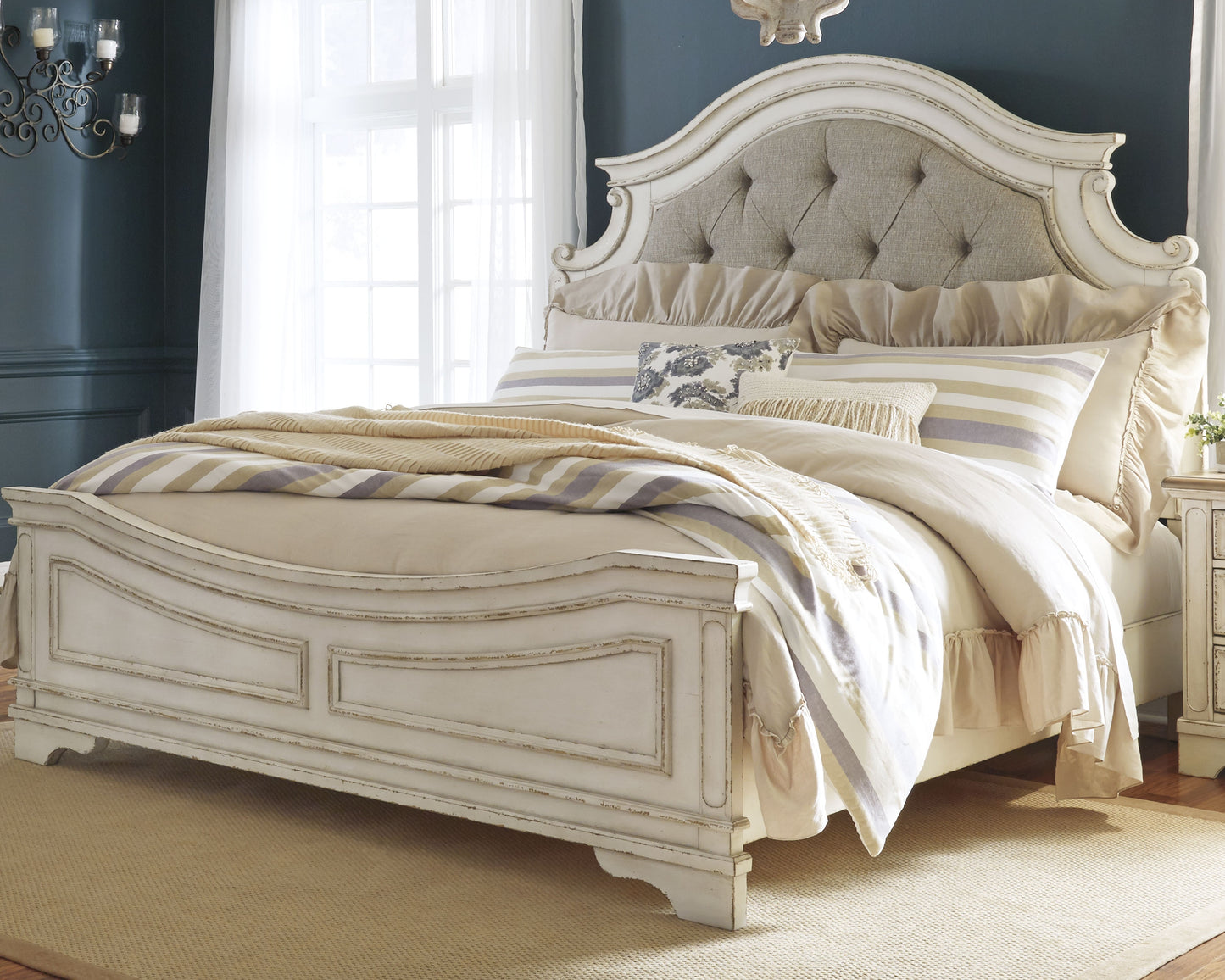 Haines Furniture Outlet - Ashley Furniture - Realyn Bedroom - King Upholstered Panel Bed / Chipped White - B743B6