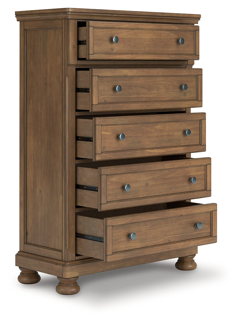 Haines Furniture Outlet - Ashley Furniture - Feddinger Bedroom - Five Drawer Chest / Medium Brown - PCB779-46