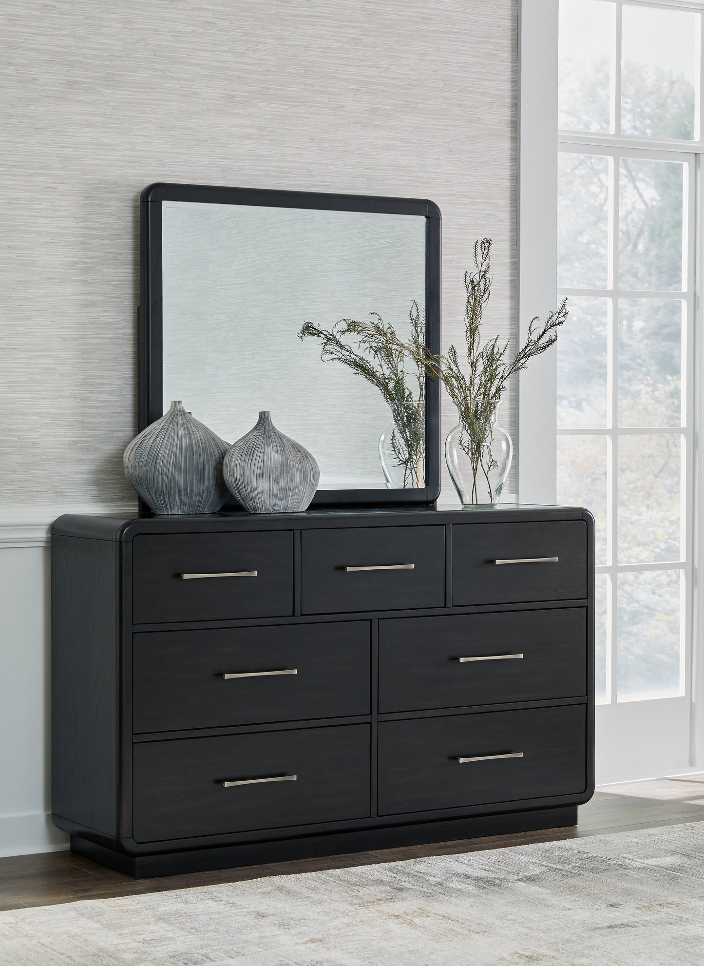 Haines Furniture Outlet - Ashley Furniture - Rowanbeck Bedroom - Dresser and Mirror / Black - B821B1