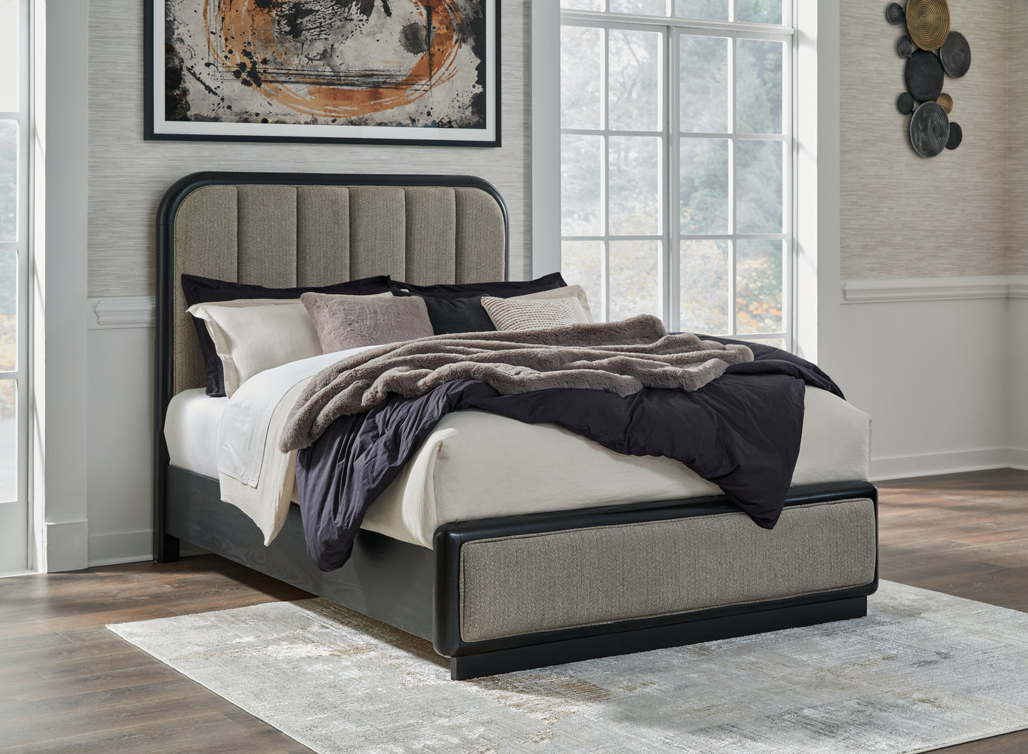 Haines Furniture Outlet - Ashley Furniture - Rowanbeck Bedroom - Queen Upholstered Panel Bed / Gray/Black - B821B2