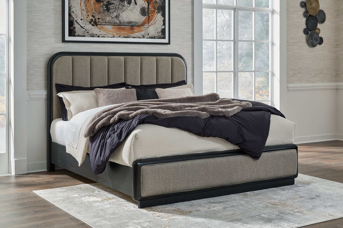 Haines Furniture Outlet - Ashley Furniture - Rowanbeck Bedroom - California King Upholstered Panel Bed / Gray/Black - B821B5