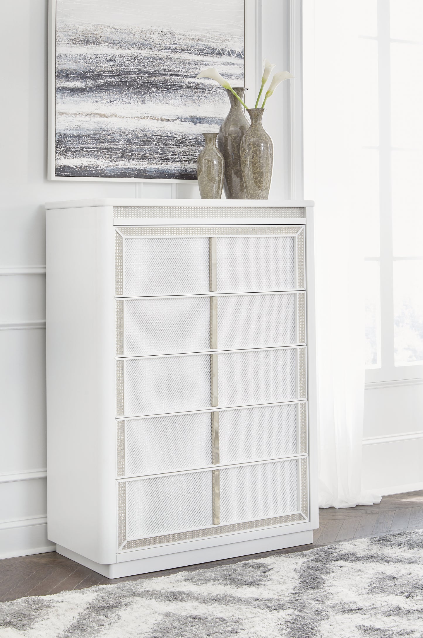 Haines Furniture Outlet - Ashley Furniture - Chalanna Bedroom - Five Drawer Chest / White - B822-46