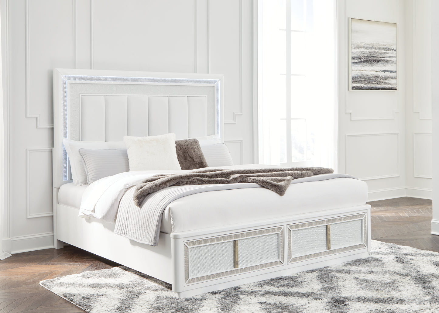 Haines Furniture Outlet - Ashley Furniture - Chalanna Bedroom - King Upholstered Storage Bed / White - B822B4