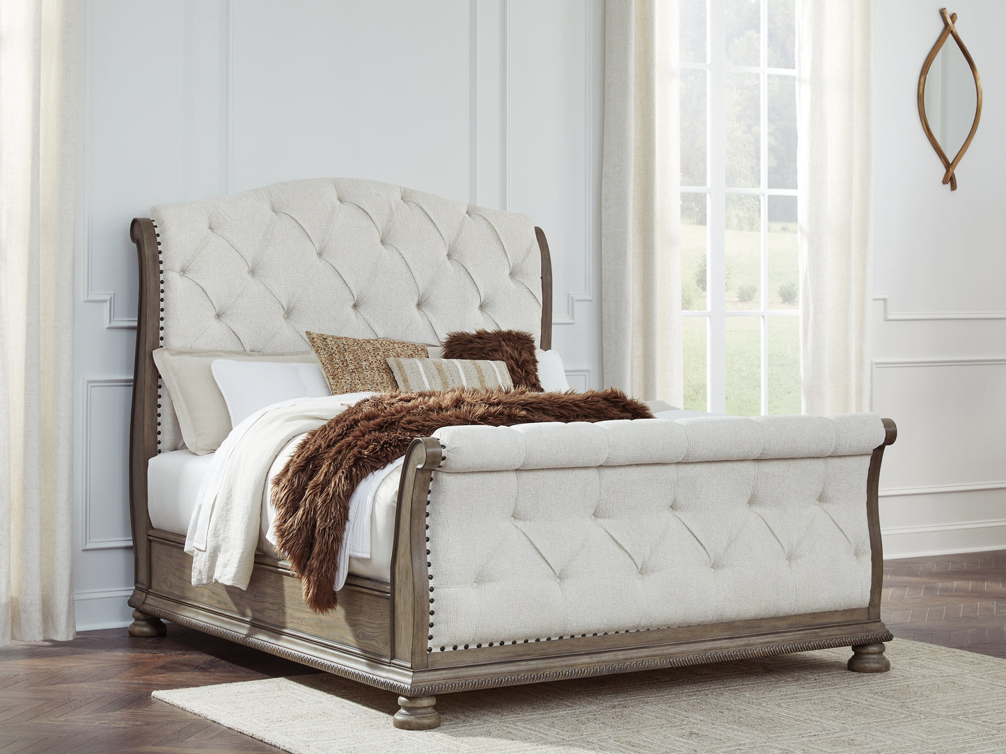 Haines Furniture Outlet - Ashley Furniture - Ardenfield Bedroom - Queen Upholstered Sleigh Bed / Light Brown - B944B2