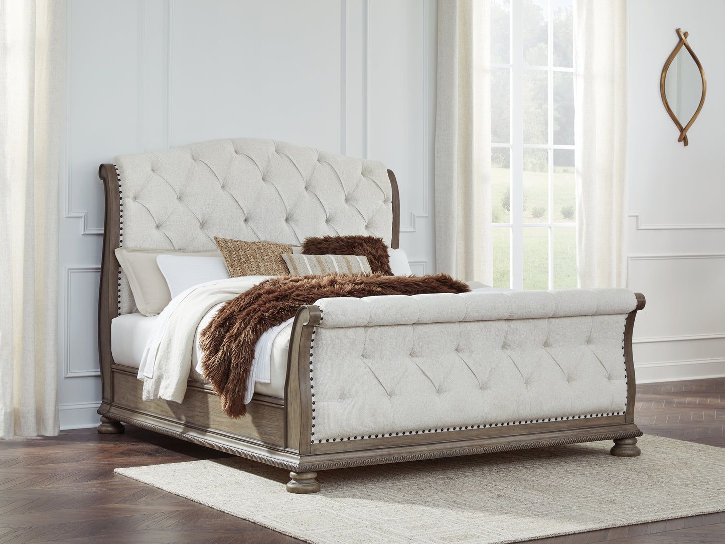 Haines Furniture Outlet - Ashley Furniture - Ardenfield Bedroom - King Upholstered Sleigh Bed / Light Brown - B944B4