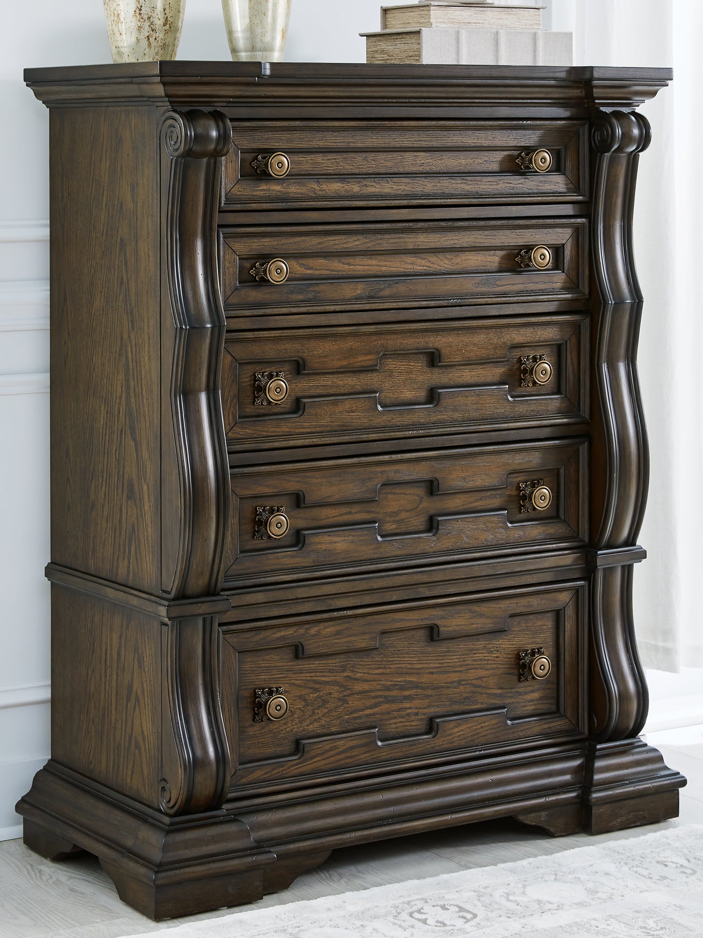 Haines Furniture Outlet - Ashley Furniture - Maylee Bedroom - Five Drawer Chest / Dark Brown - B947-46