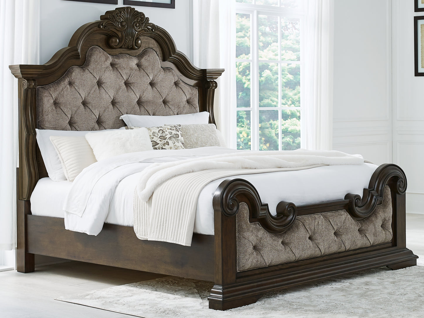 Haines Furniture Outlet - Ashley Furniture - Maylee Bedroom - King Upholstered Bed / Dark Brown - B947B4