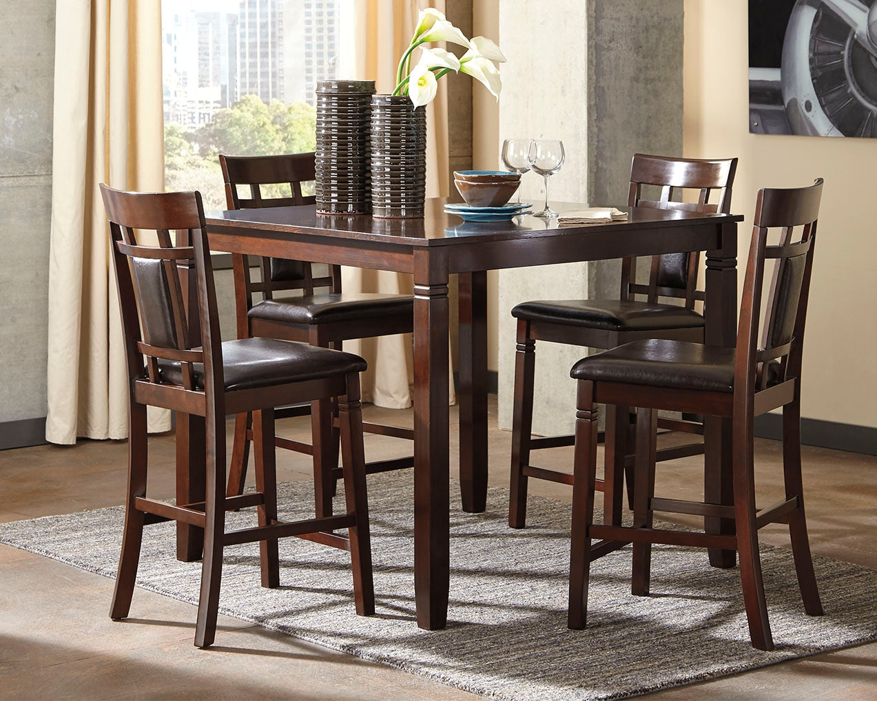 Haines Furniture Outlet - Ashley Furniture - Bennox Dining Room - DRM Counter Table Set (5/CN) / Brown - D384-223