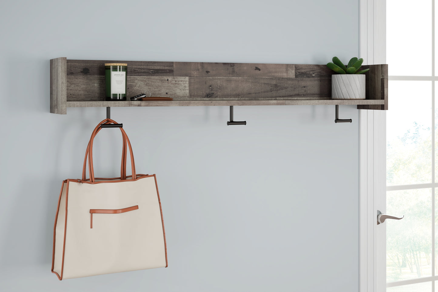 Haines Furniture Outlet - Ashley Furniture - Neilsville Wall Decor - Wall Mounted Coat Rack w/Shelf / Multi Gray - EA2120-151