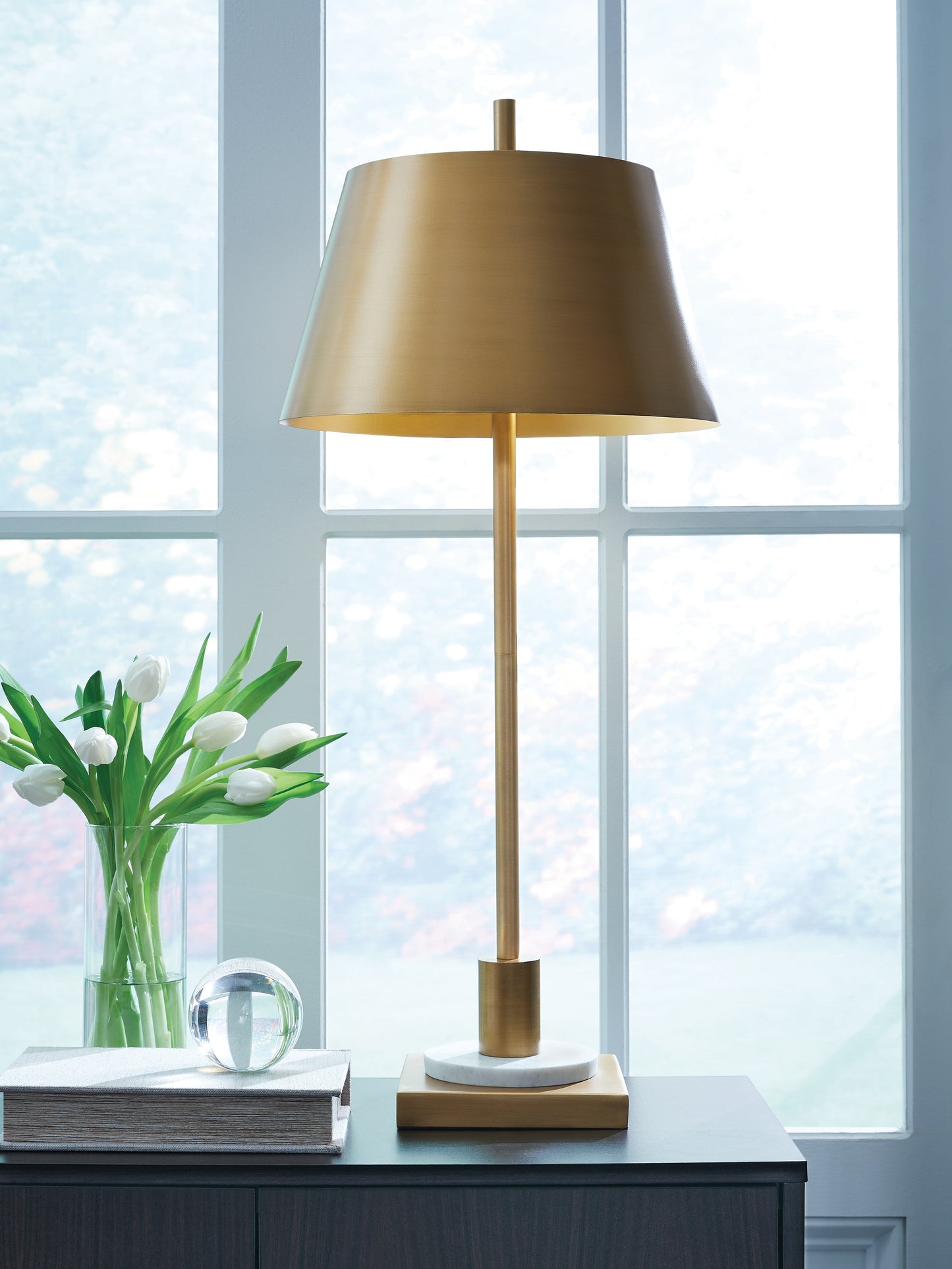 Haines Furniture Outlet - Ashley Furniture - Fritzburn Lighting - Metal Table Lamp (1/CN) / Gold Finish/White - L208444