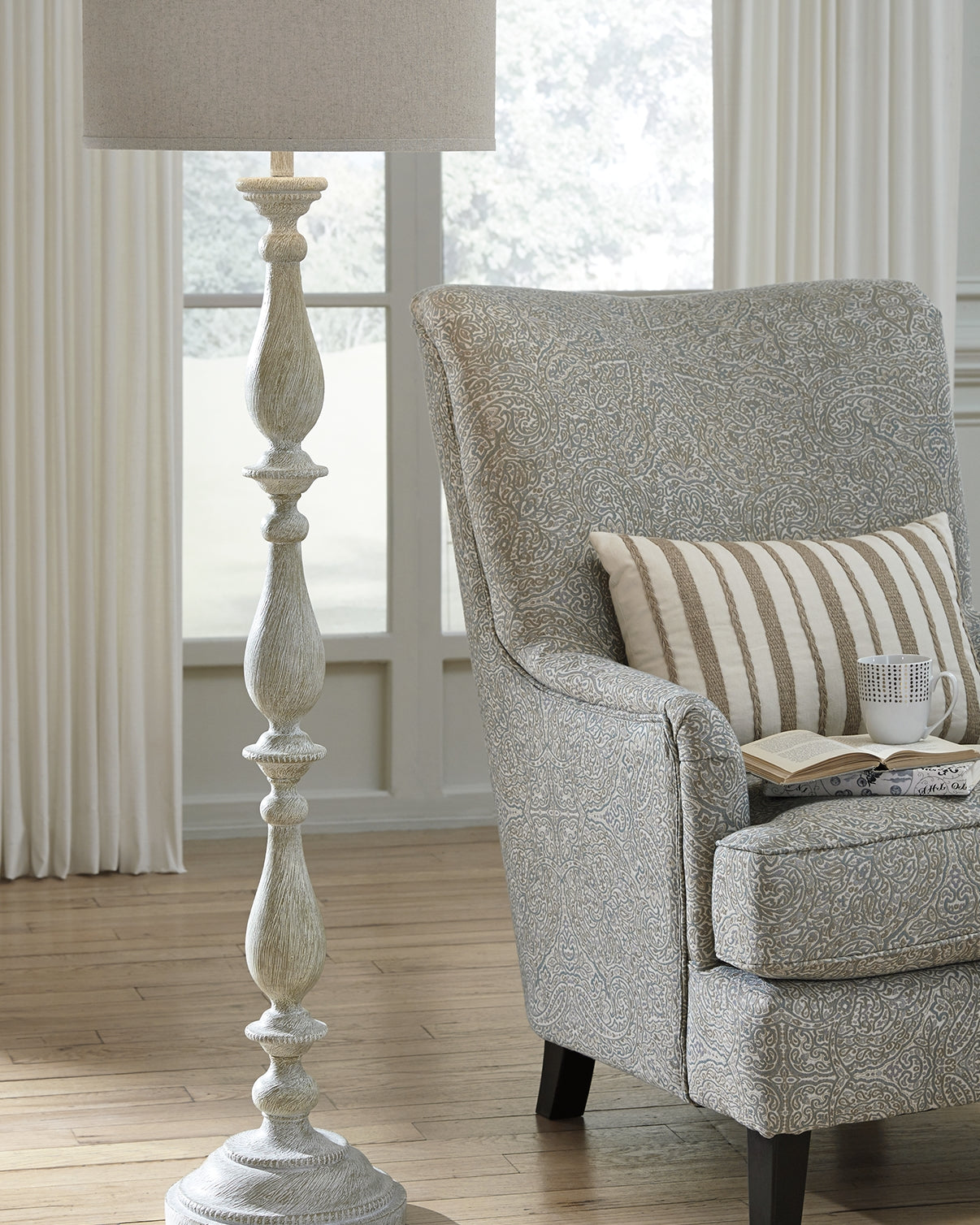 Haines Furniture Outlet - Ashley Furniture - Bernadate Lighting - Poly Floor Lamp (1/CN) / Whitewash - L235341