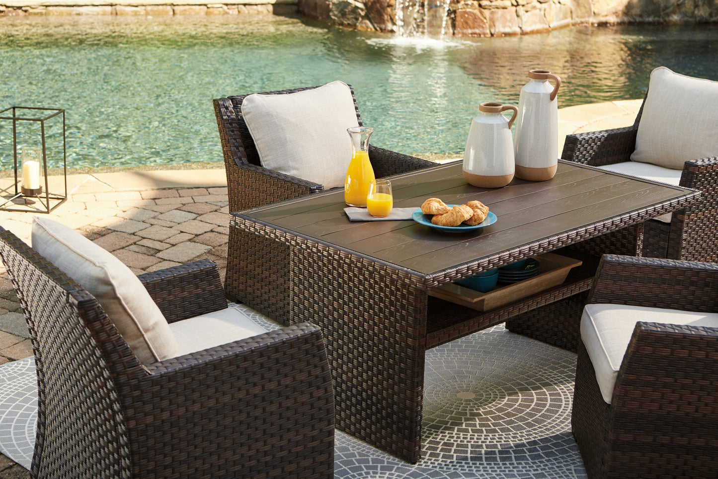 Haines Furniture Outlet - Ashley Furniture - Easy Isle Outdoor - RECT Multi-Use Table / Dark Brown/Beige - P455-625