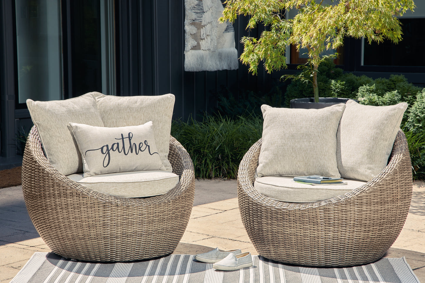 Haines Furniture Outlet - Ashley Furniture - Danson Outdoor - Swivel Lounge w/Cushion (Set of 2) / Beige - P505-821