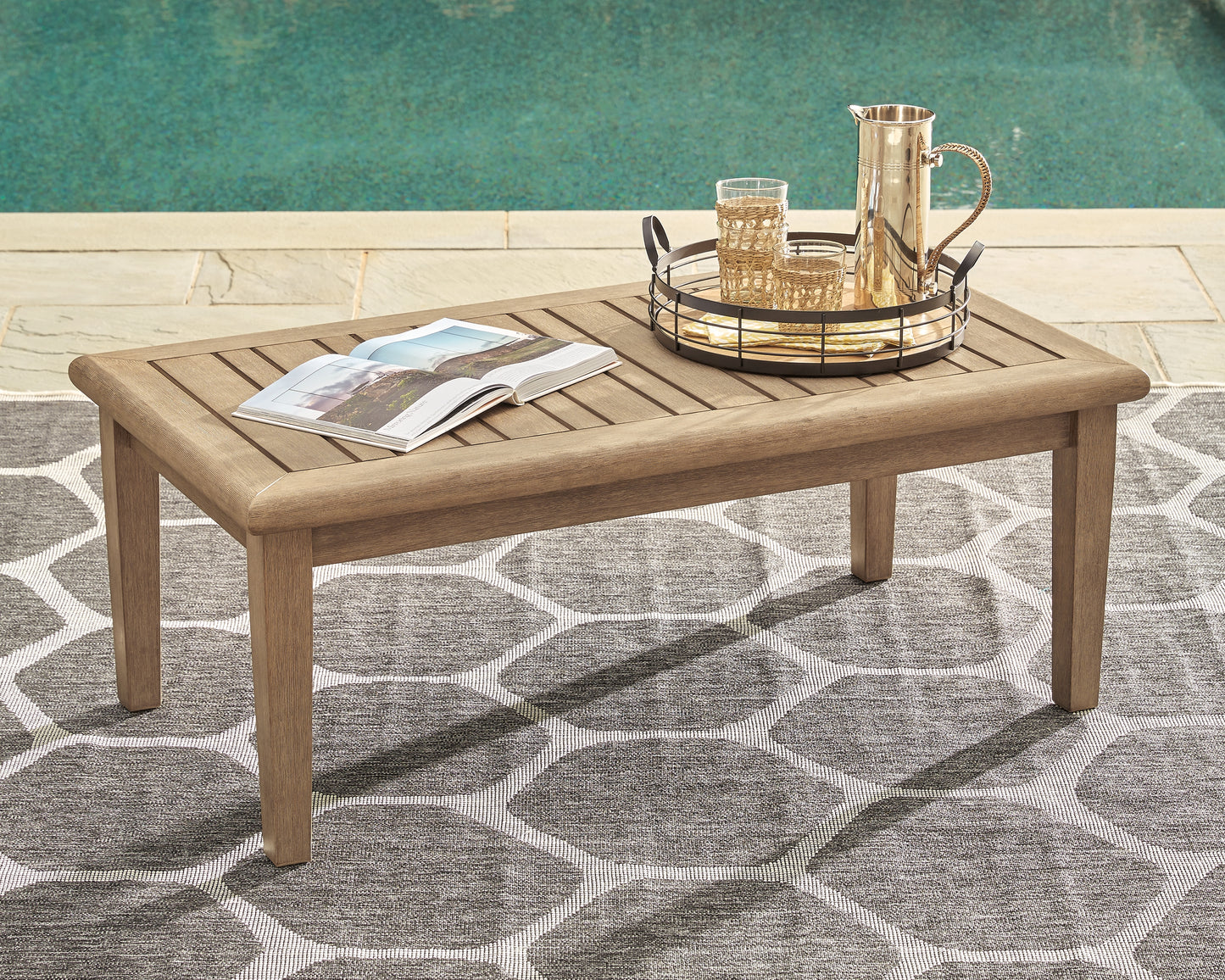 Haines Furniture Outlet - Ashley Furniture - Gerianne Outdoor - Rectangular Cocktail Table / Grayish Brown - P805-701