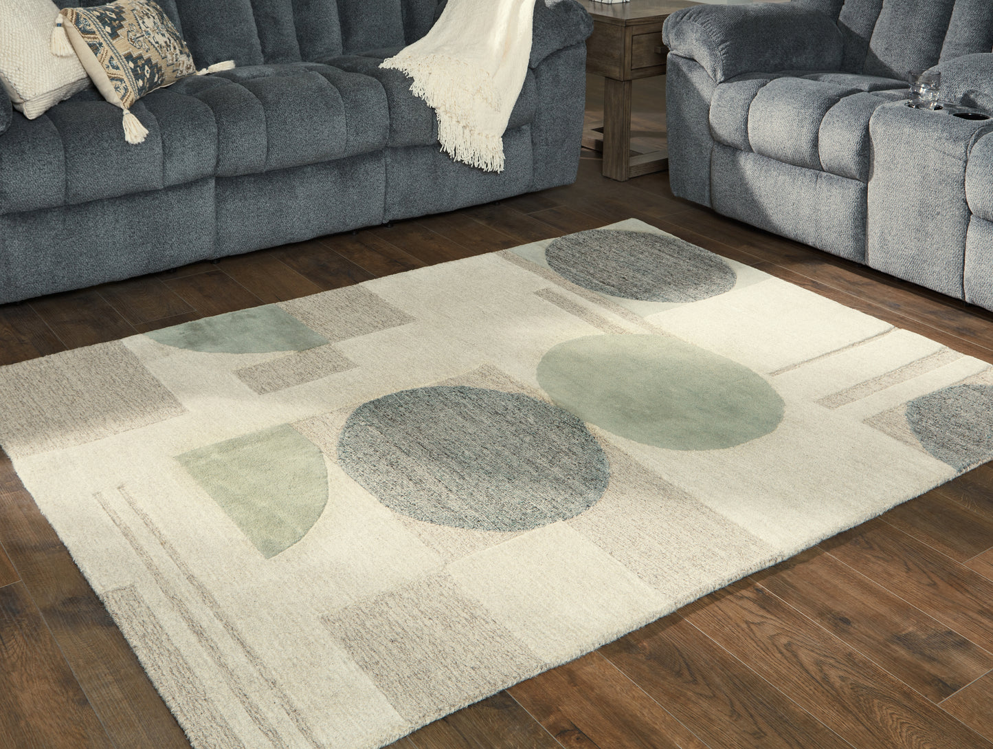 Haines Furniture Outlet - Ashley Furniture - Dallane Rug - 8' x 10' Rug / Linen/Blue/Green - R406351