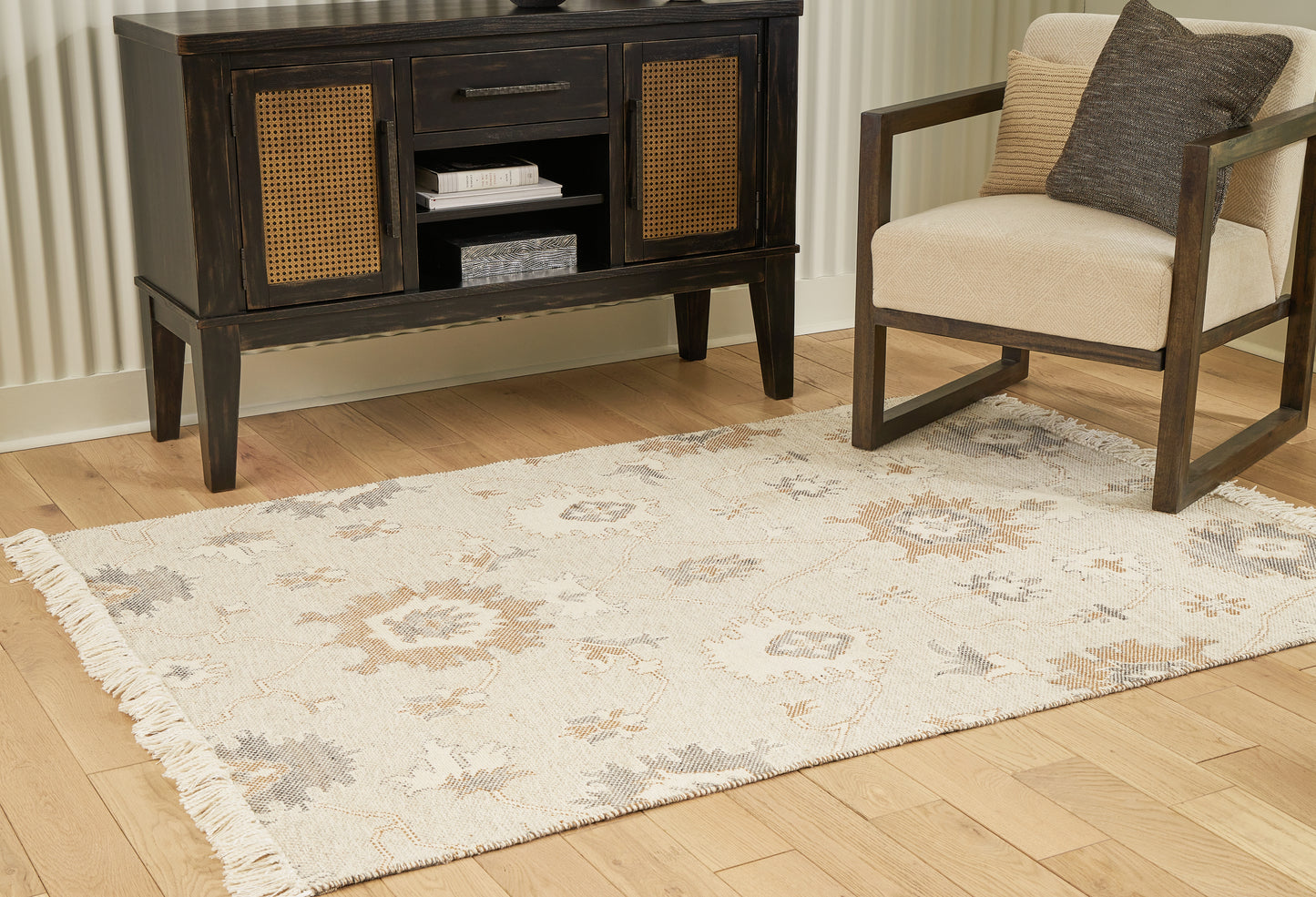 Haines Furniture Outlet - Ashley Furniture - Calkin Rug - 5' x 7' Rug / Linen/Gray/Caramel - R406392