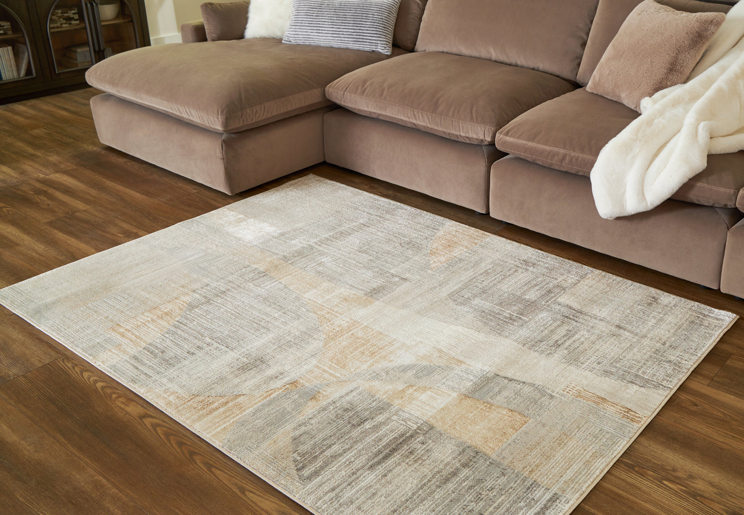 Haines Furniture Outlet - Ashley Furniture - Truward Rug - 5' x 7' Rug / Linen/Gray/Caramel - R406472