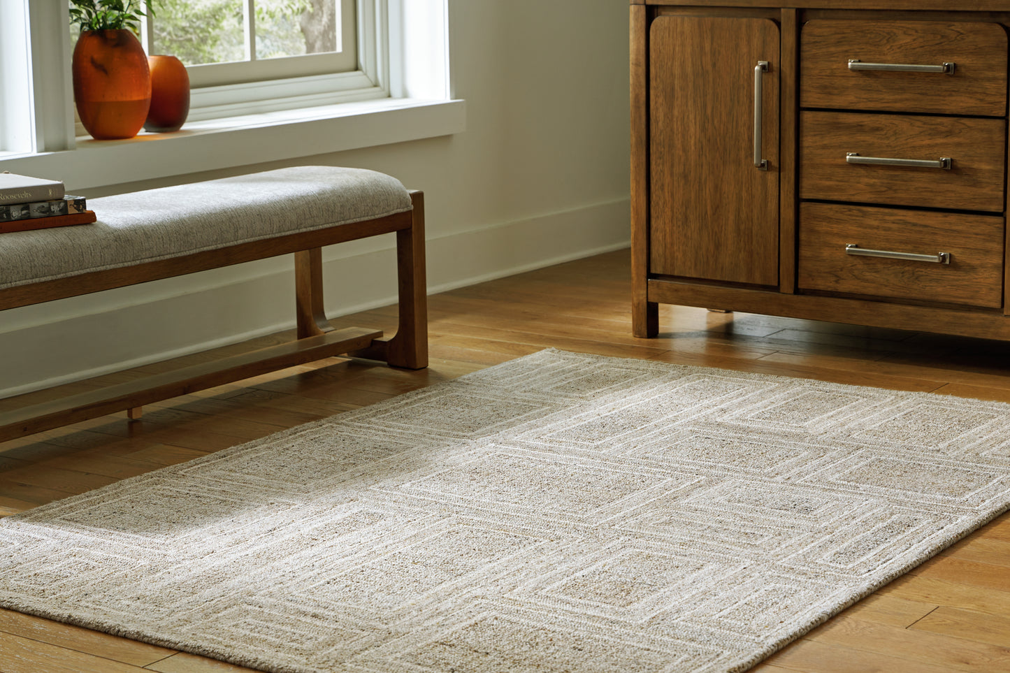 Haines Furniture Outlet - Ashley Furniture - Brickburgh Rug - 5' x 7' Rug / Gray/Ivory/Honey - R406902