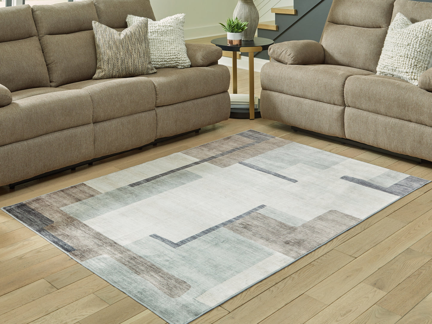 Haines Furniture Outlet - Ashley Furniture - Larkport Rug - Washable 5' x 7' Area Rug / Cream/Brown/Gray - R407412