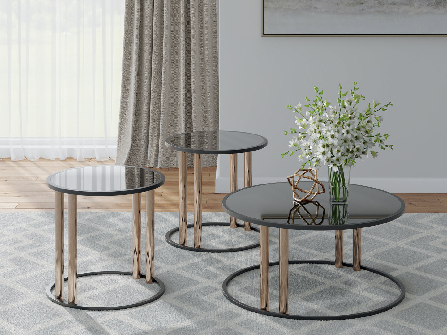 Haines Furniture Outlet - Ashley Furniture - Hannerly Table (Set of 3) - Occasional Table Set (3/CN) / Black/Gold Finish - T219-13