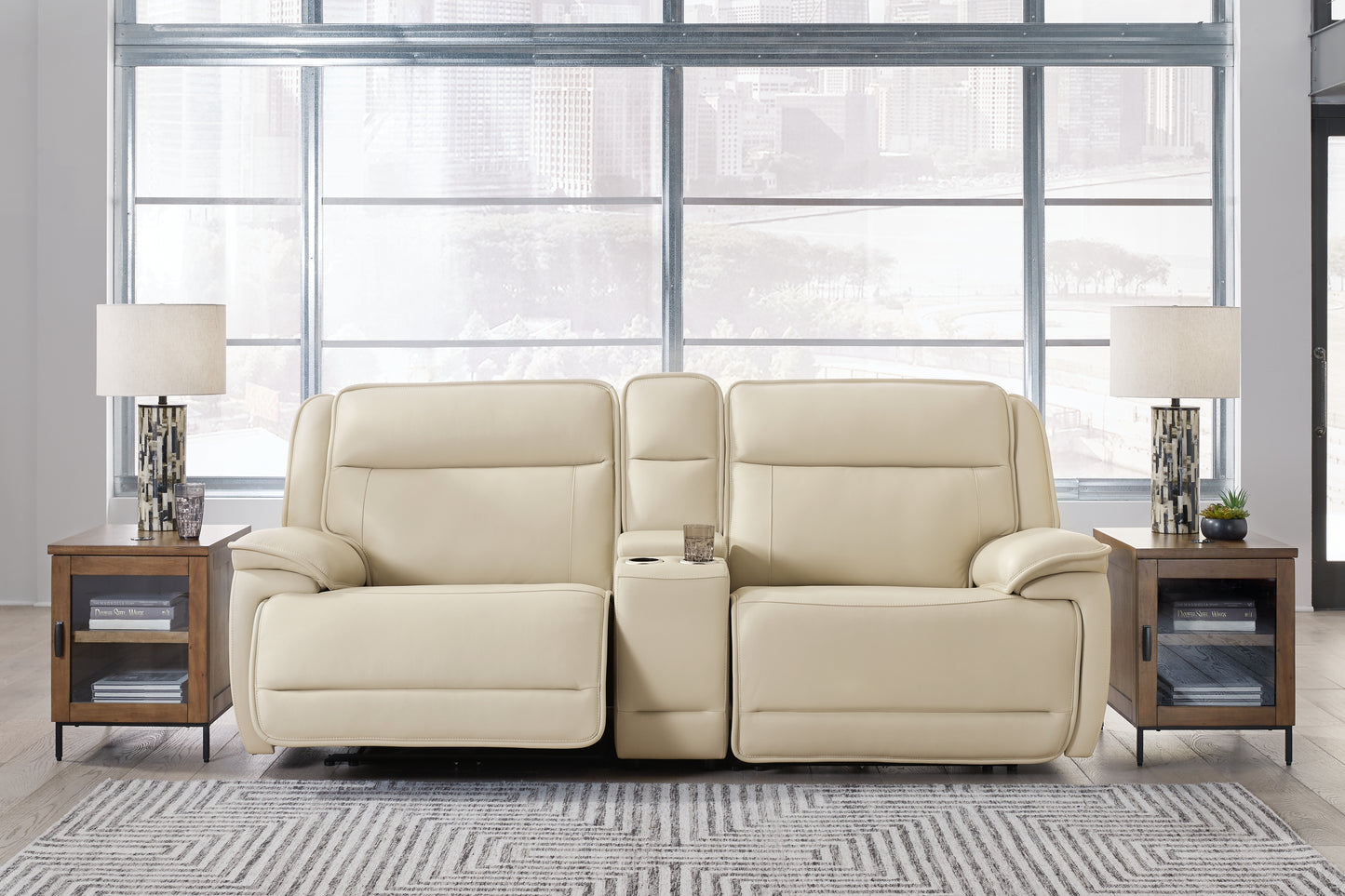 Haines Furniture Outlet - Ashley Furniture - Double Deal Sectional - 3-Piece Power Reclining Loveseat Sectional with Console / Almond - U13001S4